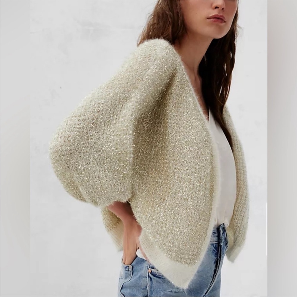 Anthropologie Shimmery Cream Balloon-Sleeve Cardigan